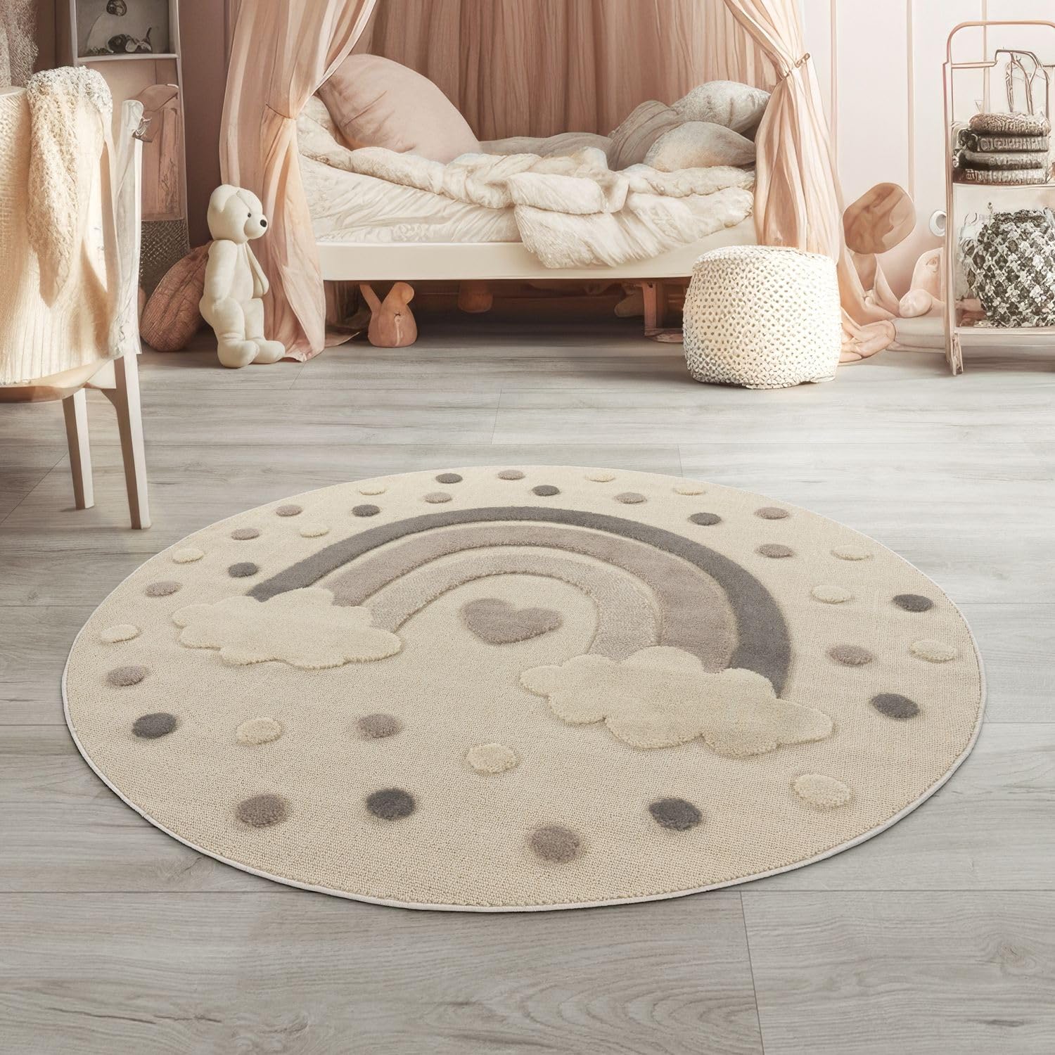 Kinderteppich Rund in Beige, Seitlich